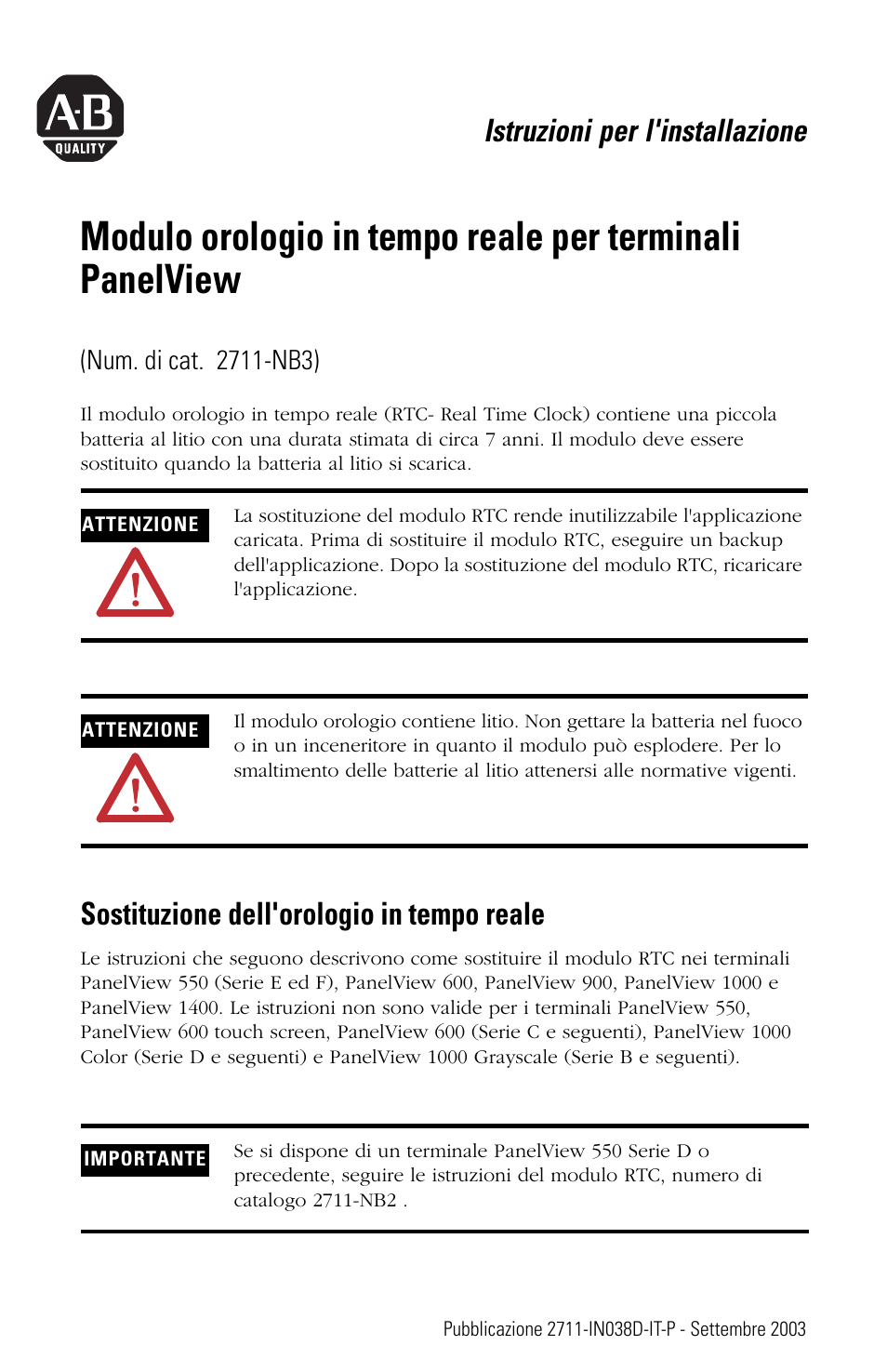 Italiano, Sostituzione dell'orologio in tempo reale, Istruzioni per l'installazione | Rockwell Automation 2711-NB3 Real-Time Clock Module for PanelView Terminals User Manual | Page 15 / 24