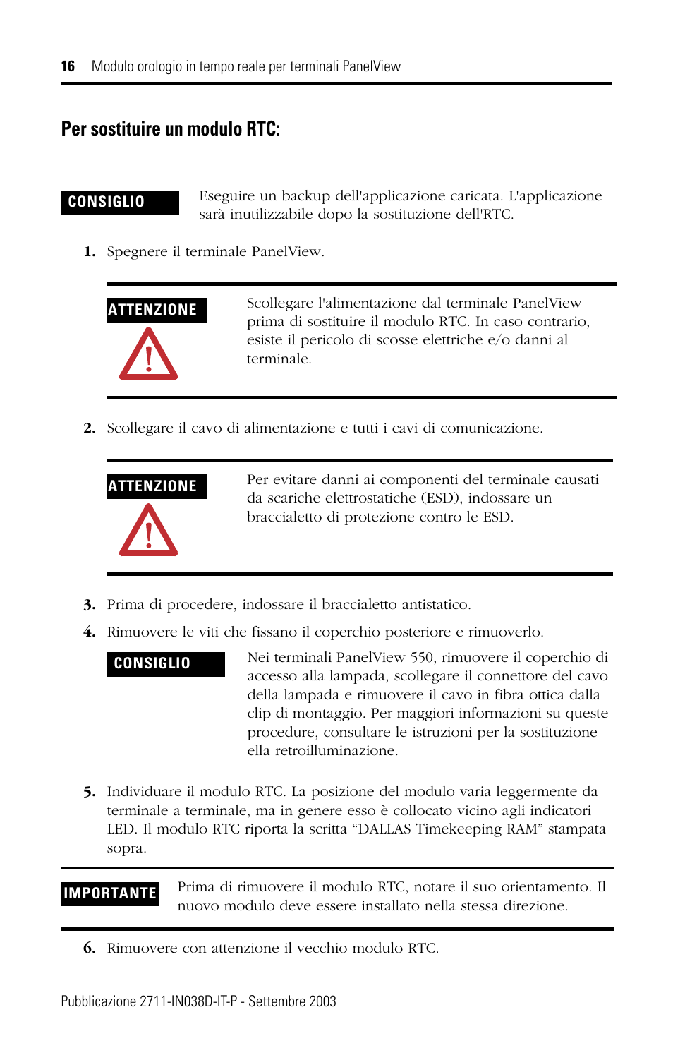 Per sostituire un modulo rtc | Rockwell Automation 2711-NB3 Real-Time Clock Module for PanelView Terminals User Manual | Page 16 / 24