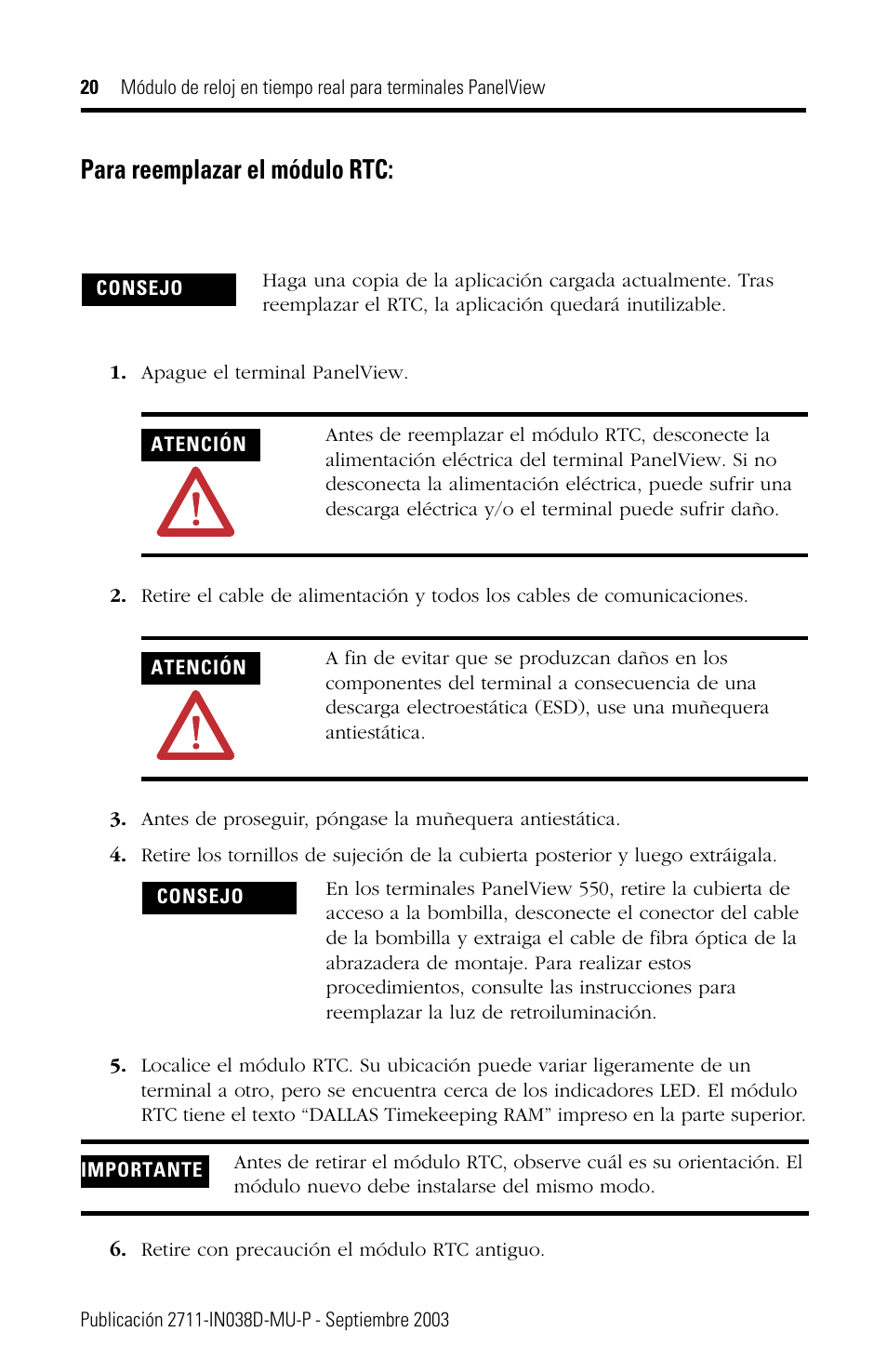 Para reemplazar el módulo rtc | Rockwell Automation 2711-NB3 Real-Time Clock Module for PanelView Terminals User Manual | Page 20 / 24