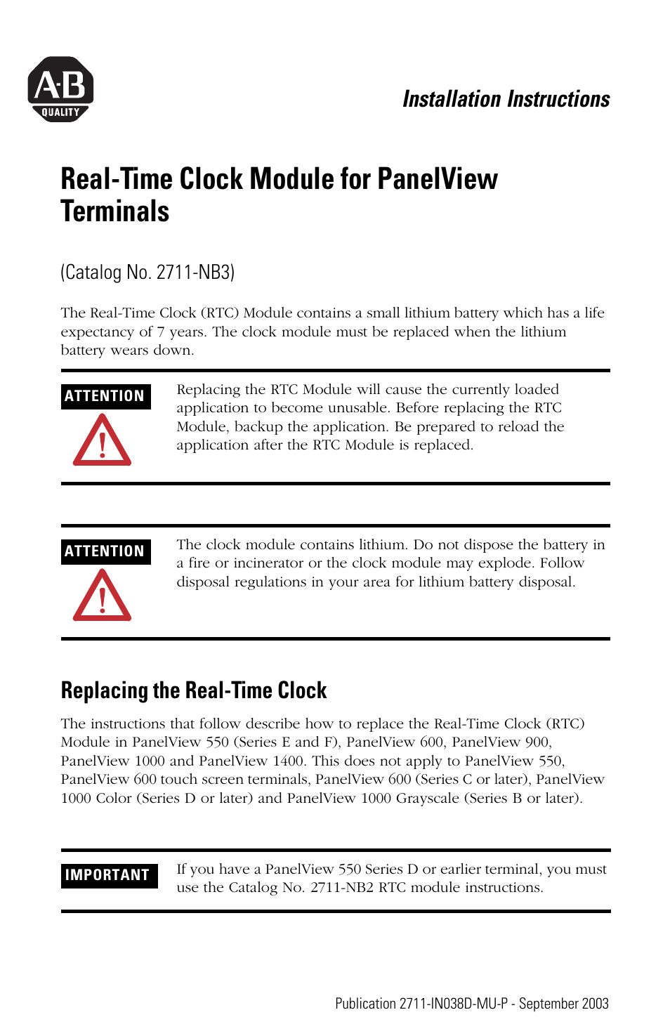 English, Replacing the real-time clock, Real-time clock module for panelview terminals | Installation instructions | Rockwell Automation 2711-NB3 Real-Time Clock Module for PanelView Terminals User Manual | Page 3 / 24