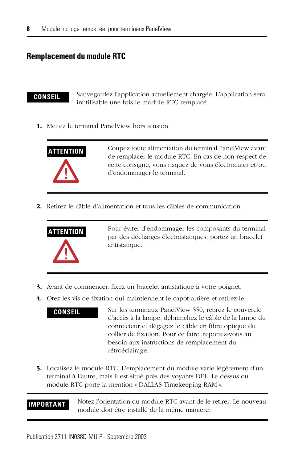 Remplacement du module rtc | Rockwell Automation 2711-NB3 Real-Time Clock Module for PanelView Terminals User Manual | Page 8 / 24