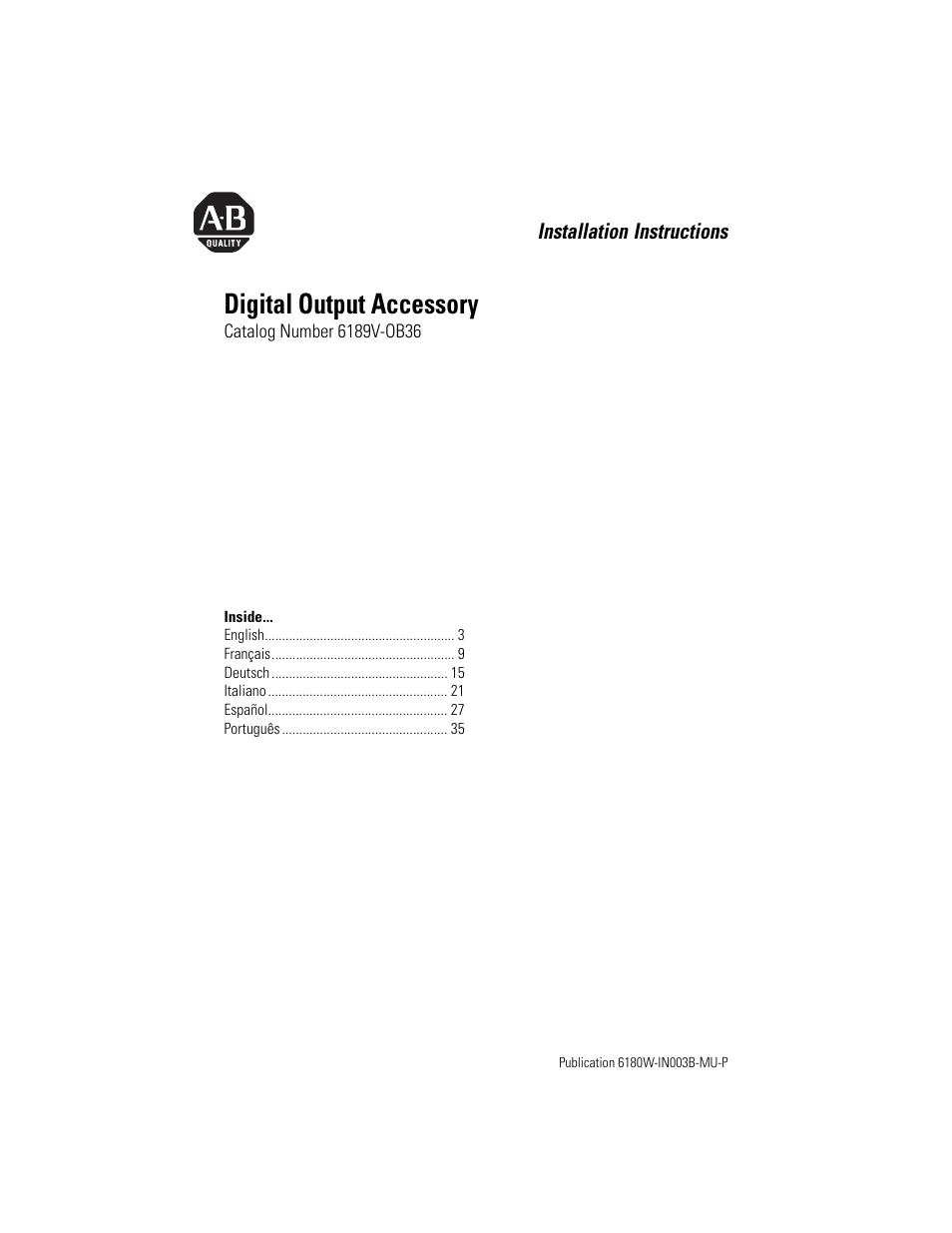 Rockwell Automation 6189V-OB36 Digital Output Accessory Installation Instructions User Manual | 42 pages