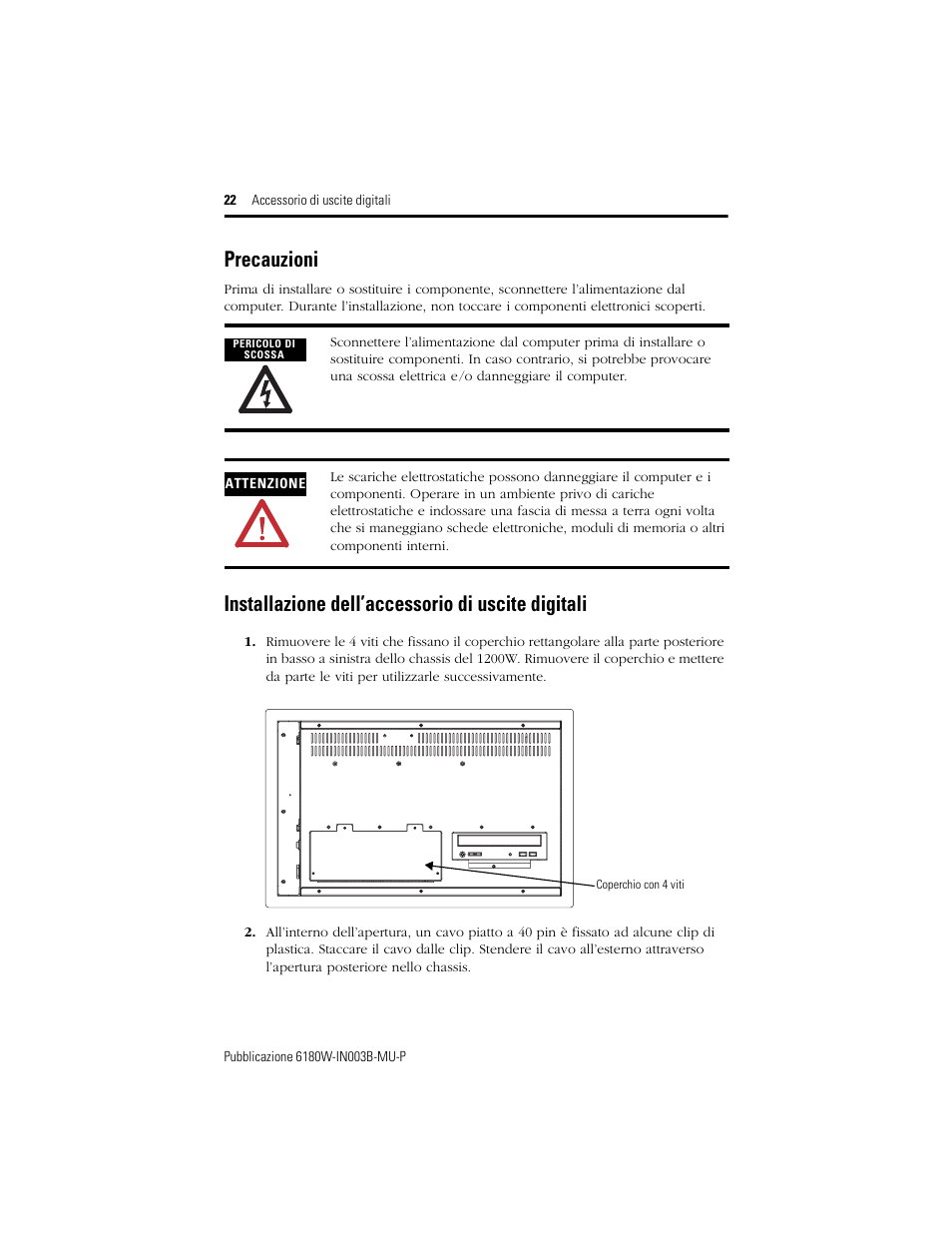 Precauzioni, Installazione dell’accessorio di uscite digitali | Rockwell Automation 6189V-OB36 Digital Output Accessory Installation Instructions User Manual | Page 22 / 42