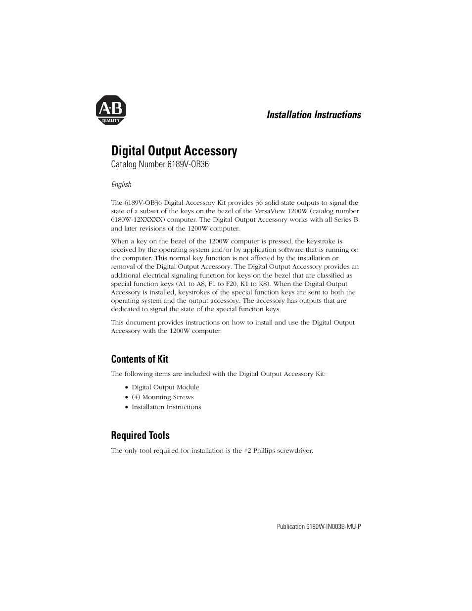 English, Contents of kit, Required tools | Digital output accessory, Installation instructions | Rockwell Automation 6189V-OB36 Digital Output Accessory Installation Instructions User Manual | Page 3 / 42