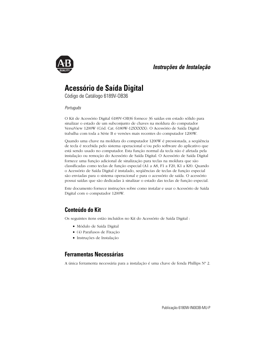 Português, Conteúdo do kit, Ferramentas necessárias | Acessório de saída digital, Instruções de instalação | Rockwell Automation 6189V-OB36 Digital Output Accessory Installation Instructions User Manual | Page 35 / 42