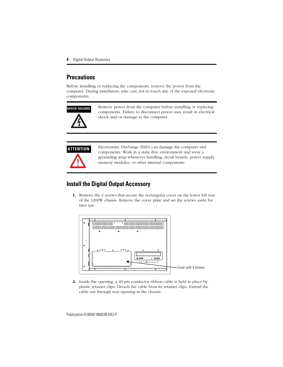 Precautions, Install the digital output accessory | Rockwell Automation 6189V-OB36 Digital Output Accessory Installation Instructions User Manual | Page 4 / 42