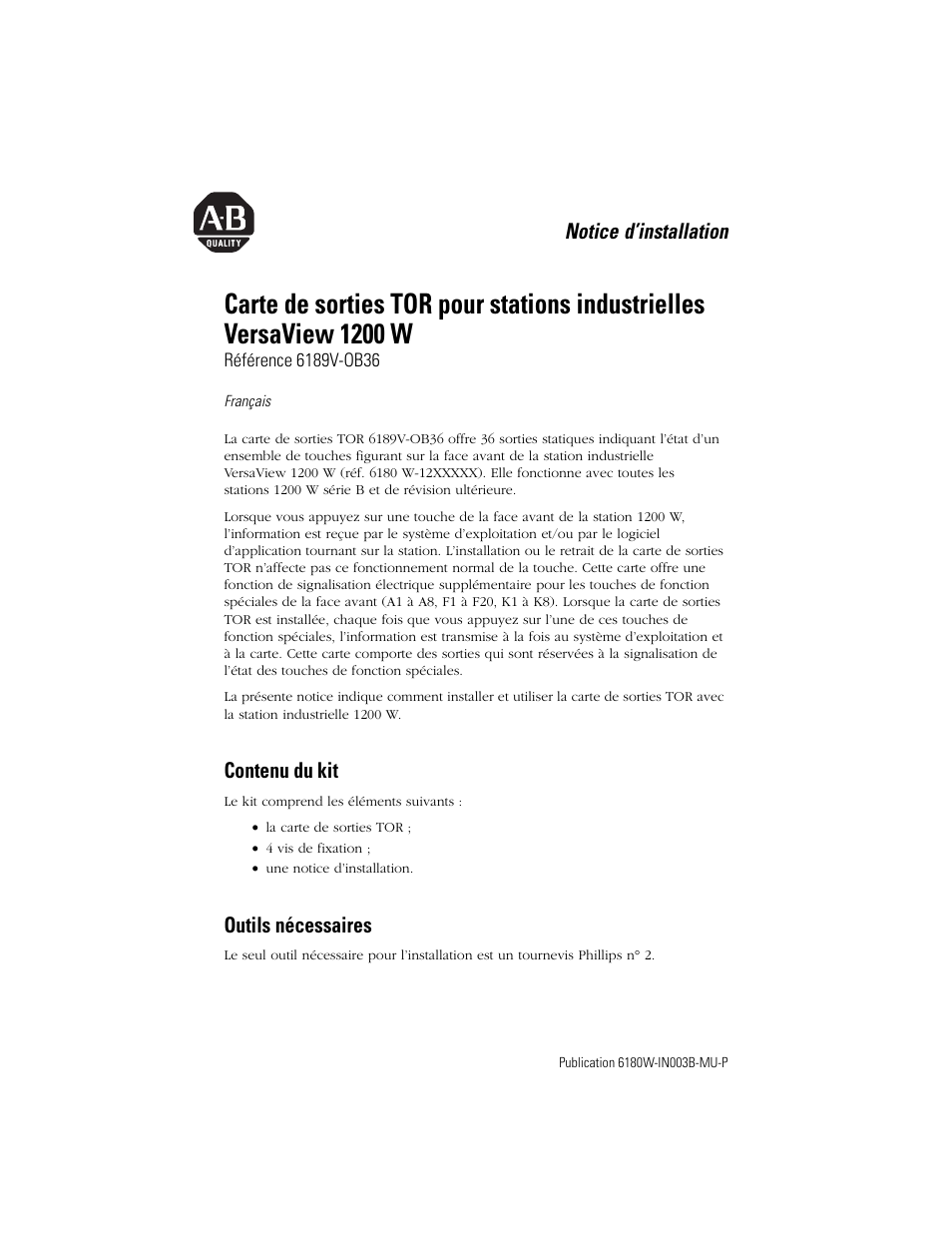 Français, Contenu du kit, Outils nécessaires | Notice d’installation | Rockwell Automation 6189V-OB36 Digital Output Accessory Installation Instructions User Manual | Page 9 / 42