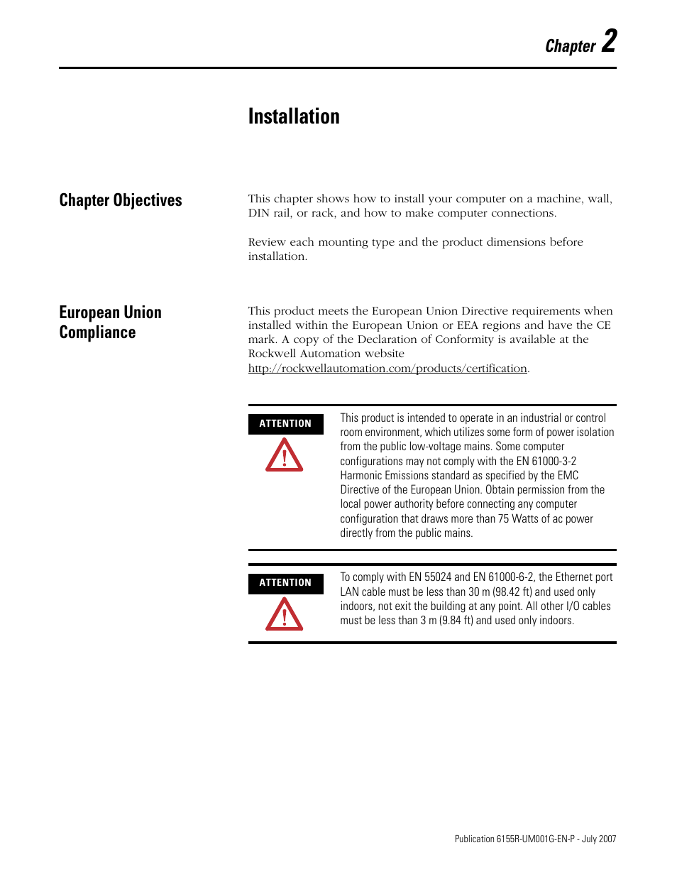 Installation, Chapter objectives, European union compliance | Chapter 2, Chapter objectives european union compliance | Rockwell Automation 6155R Industrial Non-display Computers User Manual | Page 17 / 64