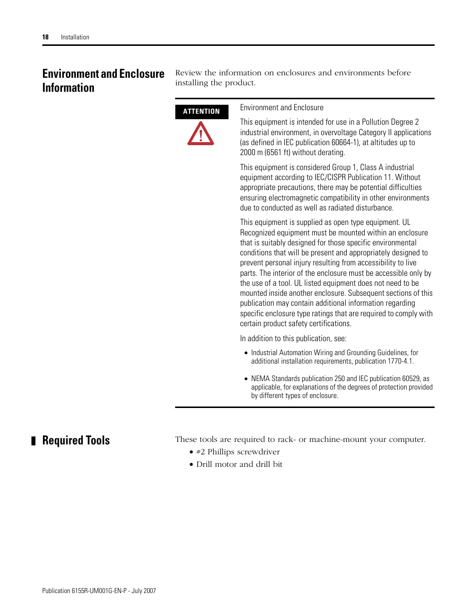 Environment and enclosure information, Required tools | Rockwell Automation 6155R Industrial Non-display Computers User Manual | Page 18 / 64