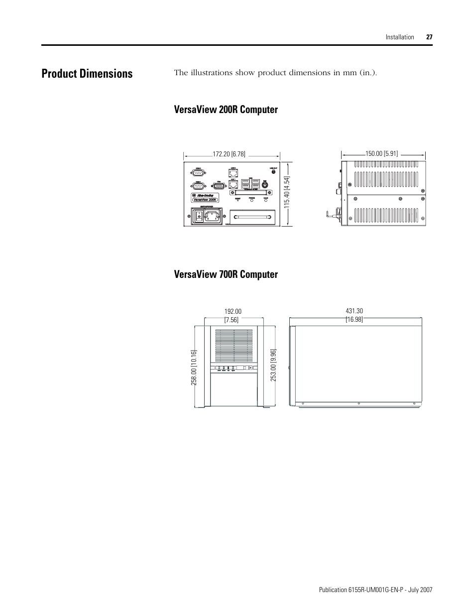 Product dimensions, Versaview 200r computer, Versaview 700r computer | Rockwell Automation 6155R Industrial Non-display Computers User Manual | Page 27 / 64