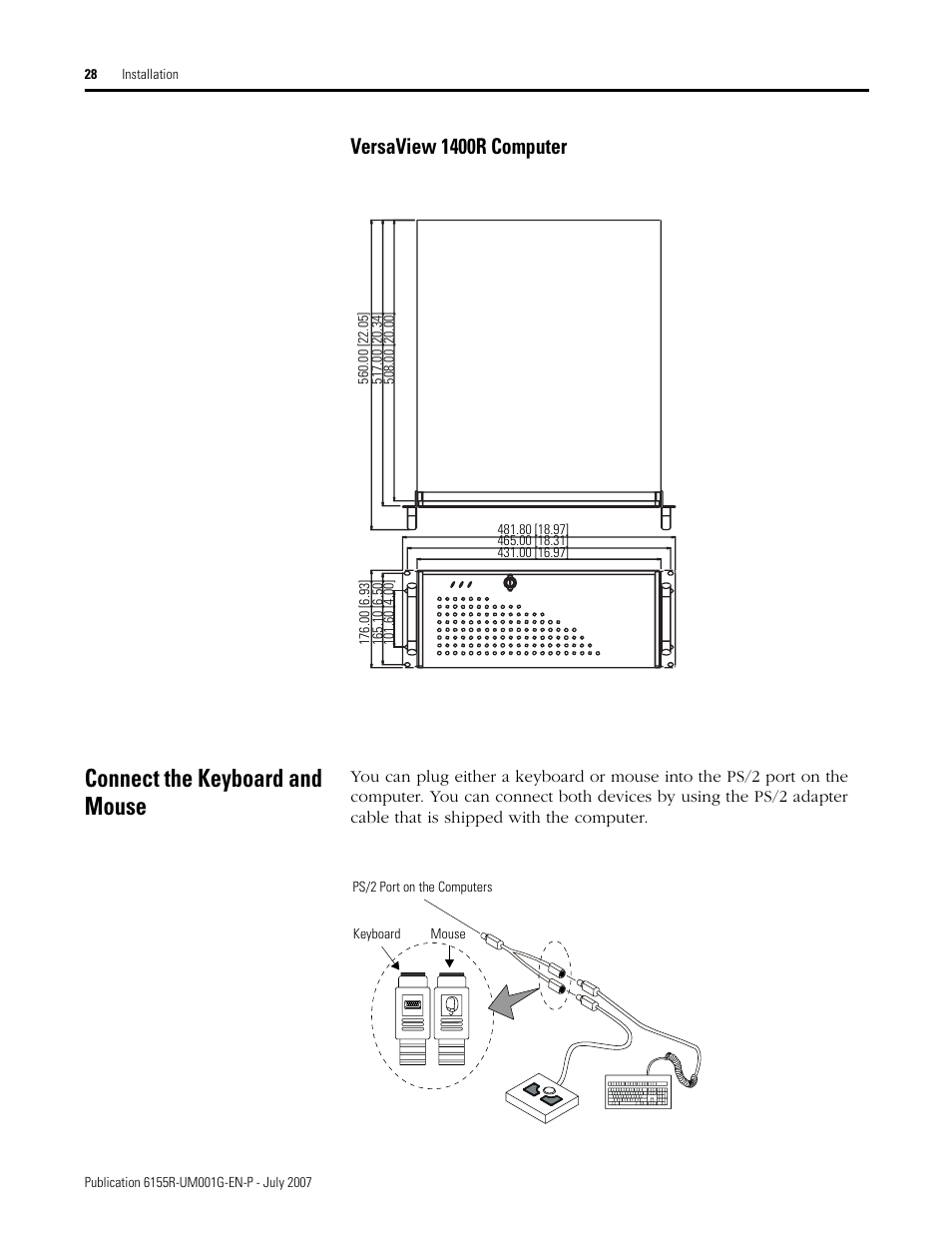 Connect the keyboard and mouse, Versaview 1400r computer | Rockwell Automation 6155R Industrial Non-display Computers User Manual | Page 28 / 64