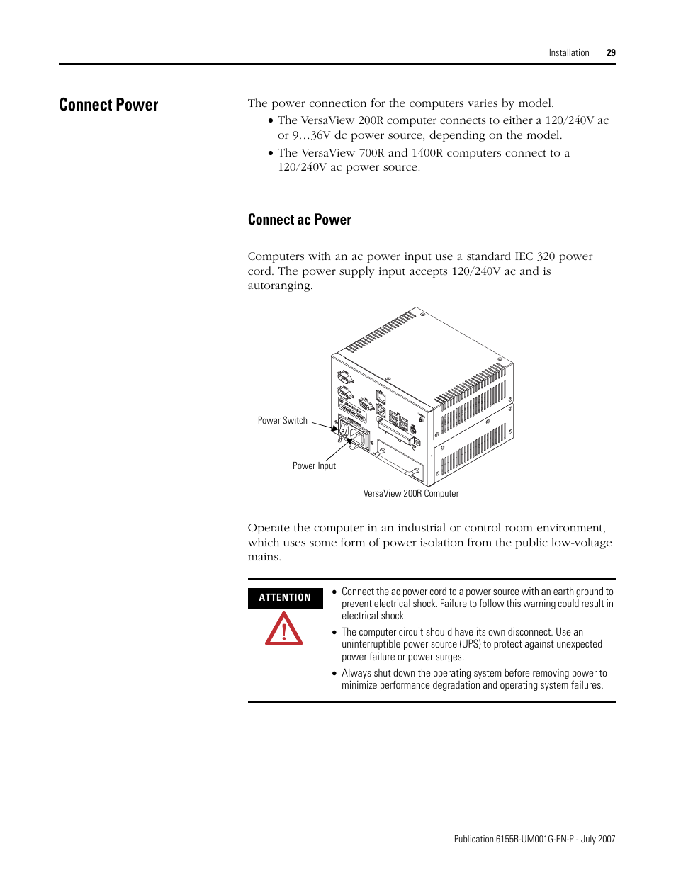 Connect power, Connect ac power | Rockwell Automation 6155R Industrial Non-display Computers User Manual | Page 29 / 64