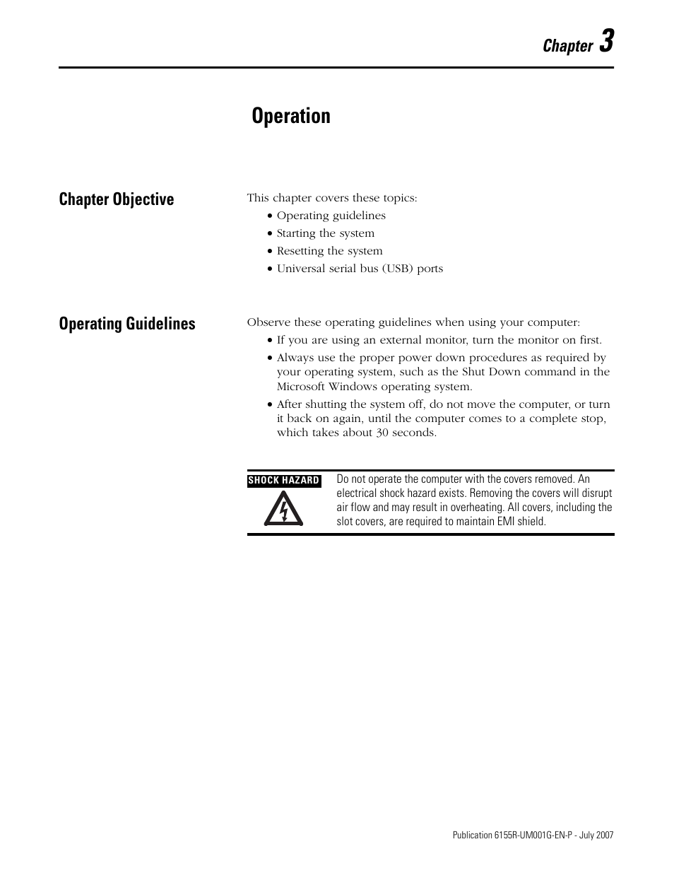 Operation, Chapter objective, Operating guidelines | Chapter 3, Chapter objective operating guidelines, Chapter | Rockwell Automation 6155R Industrial Non-display Computers User Manual | Page 33 / 64