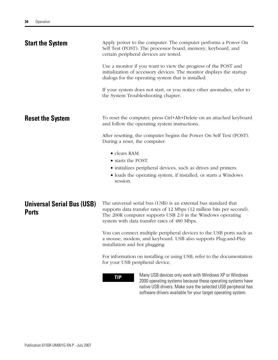 Start the system, Reset the system, Universal serial bus (usb) ports | Rockwell Automation 6155R Industrial Non-display Computers User Manual | Page 34 / 64