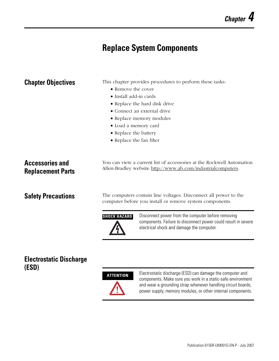 Replace system components, Chapter objectives, Accessories and replacement parts | Safety precautions, Electrostatic discharge (esd), Chapter 4 | Rockwell Automation 6155R Industrial Non-display Computers User Manual | Page 35 / 64