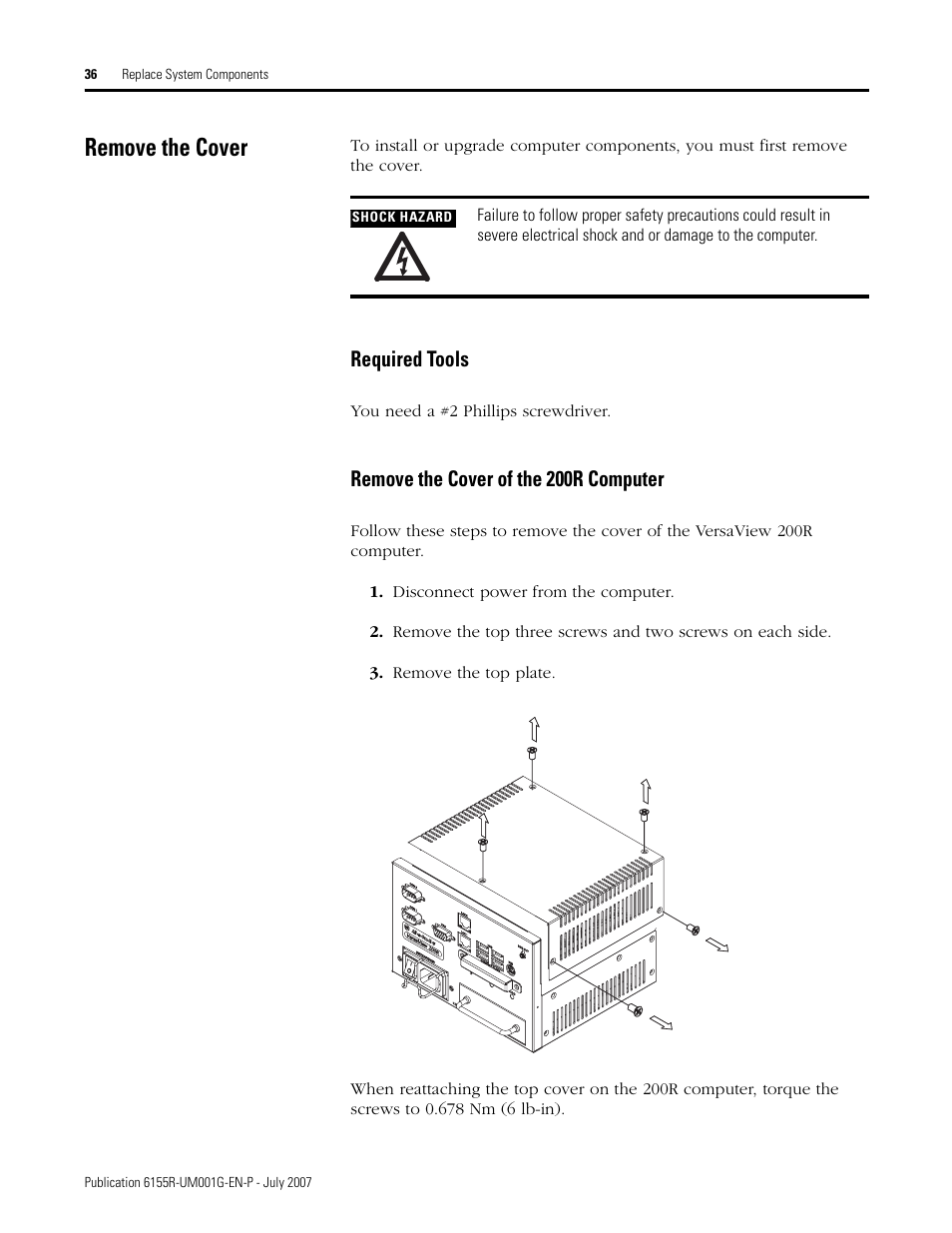 Remove the cover, Required tools, Remove the cover of the 200r computer | Rockwell Automation 6155R Industrial Non-display Computers User Manual | Page 36 / 64
