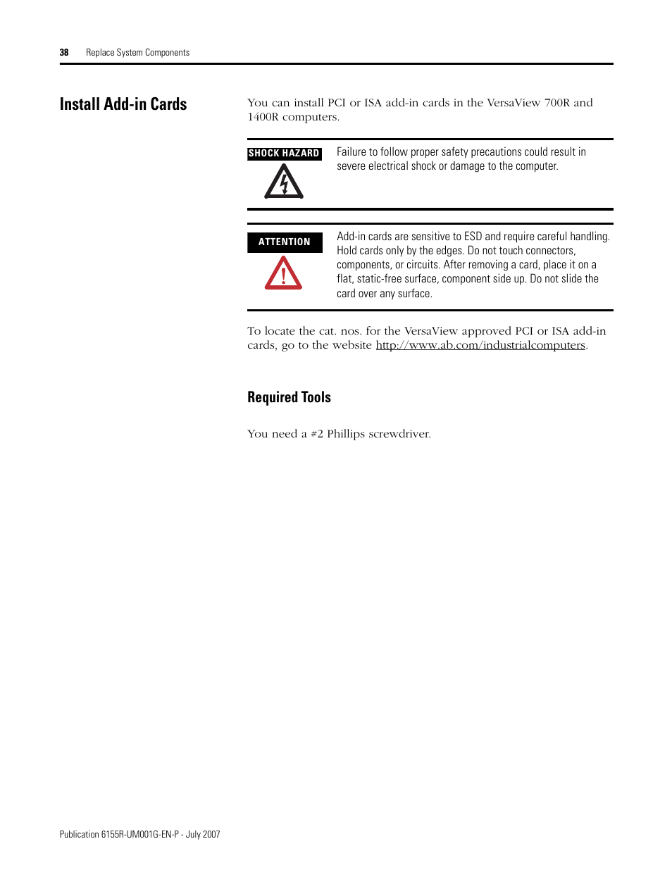 Install add-in cards, Required tools | Rockwell Automation 6155R Industrial Non-display Computers User Manual | Page 38 / 64