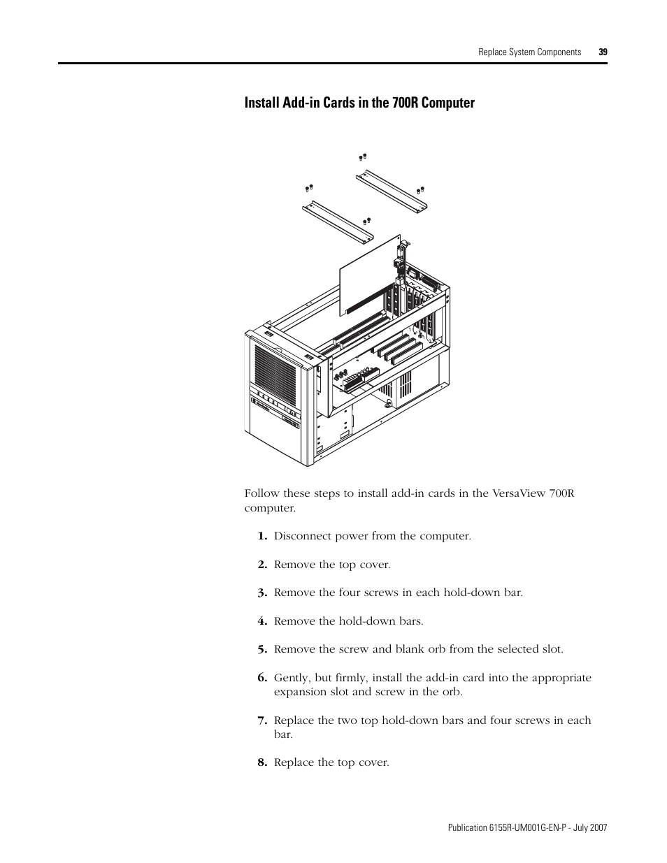 Install add-in cards in the 700r computer | Rockwell Automation 6155R Industrial Non-display Computers User Manual | Page 39 / 64