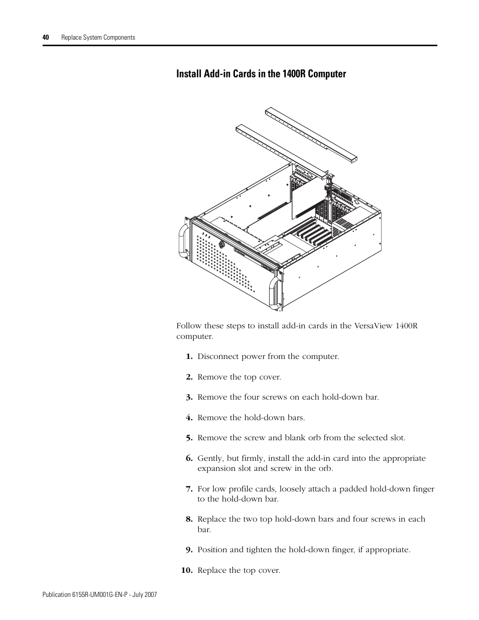 Install add-in cards in the 1400r computer | Rockwell Automation 6155R Industrial Non-display Computers User Manual | Page 40 / 64
