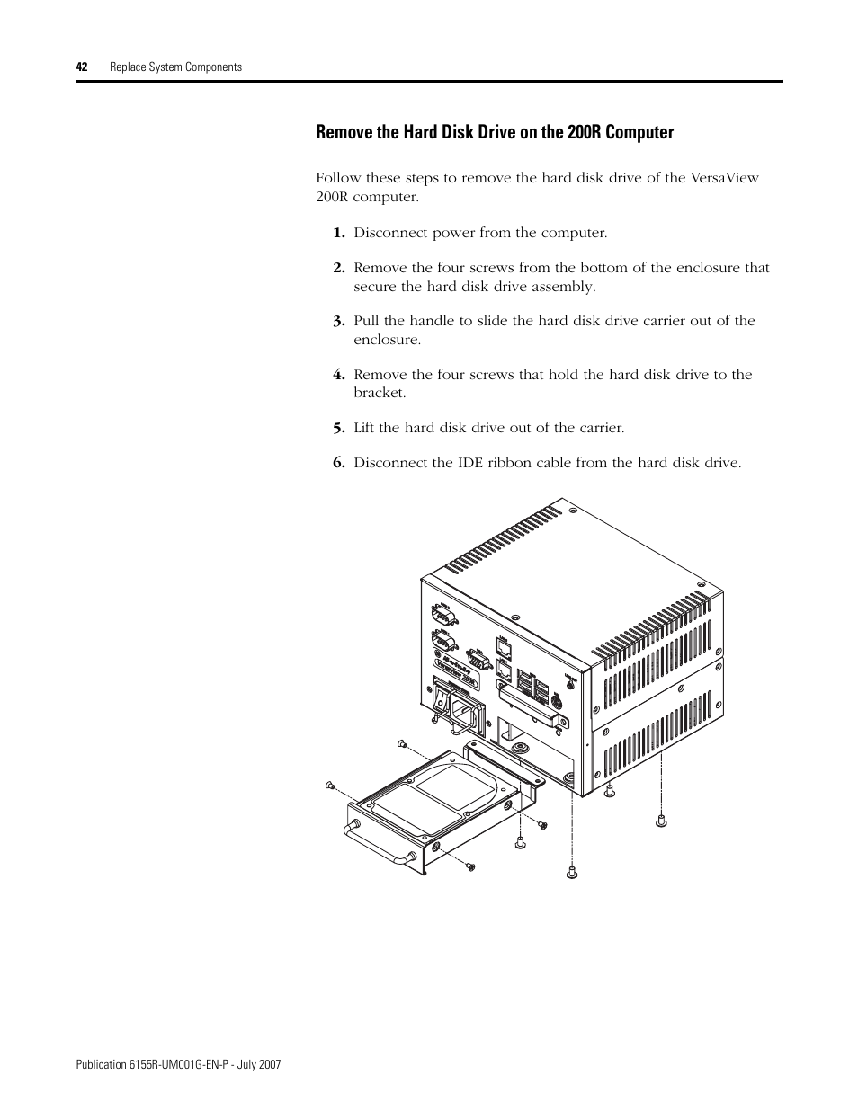 Remove the hard disk drive on the 200r computer | Rockwell Automation 6155R Industrial Non-display Computers User Manual | Page 42 / 64