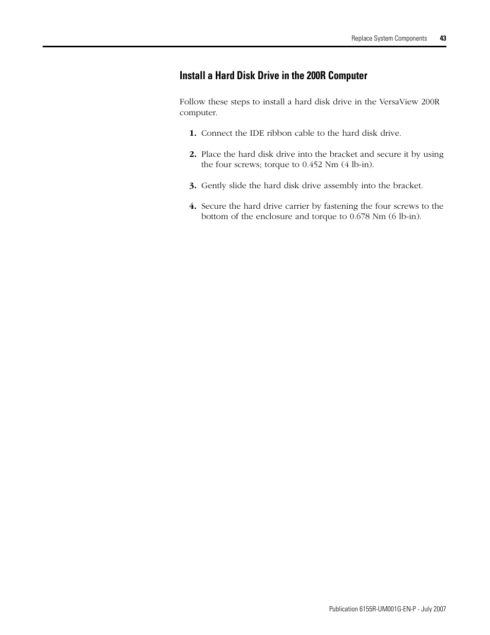 Install a hard disk drive in the 200r computer | Rockwell Automation 6155R Industrial Non-display Computers User Manual | Page 43 / 64