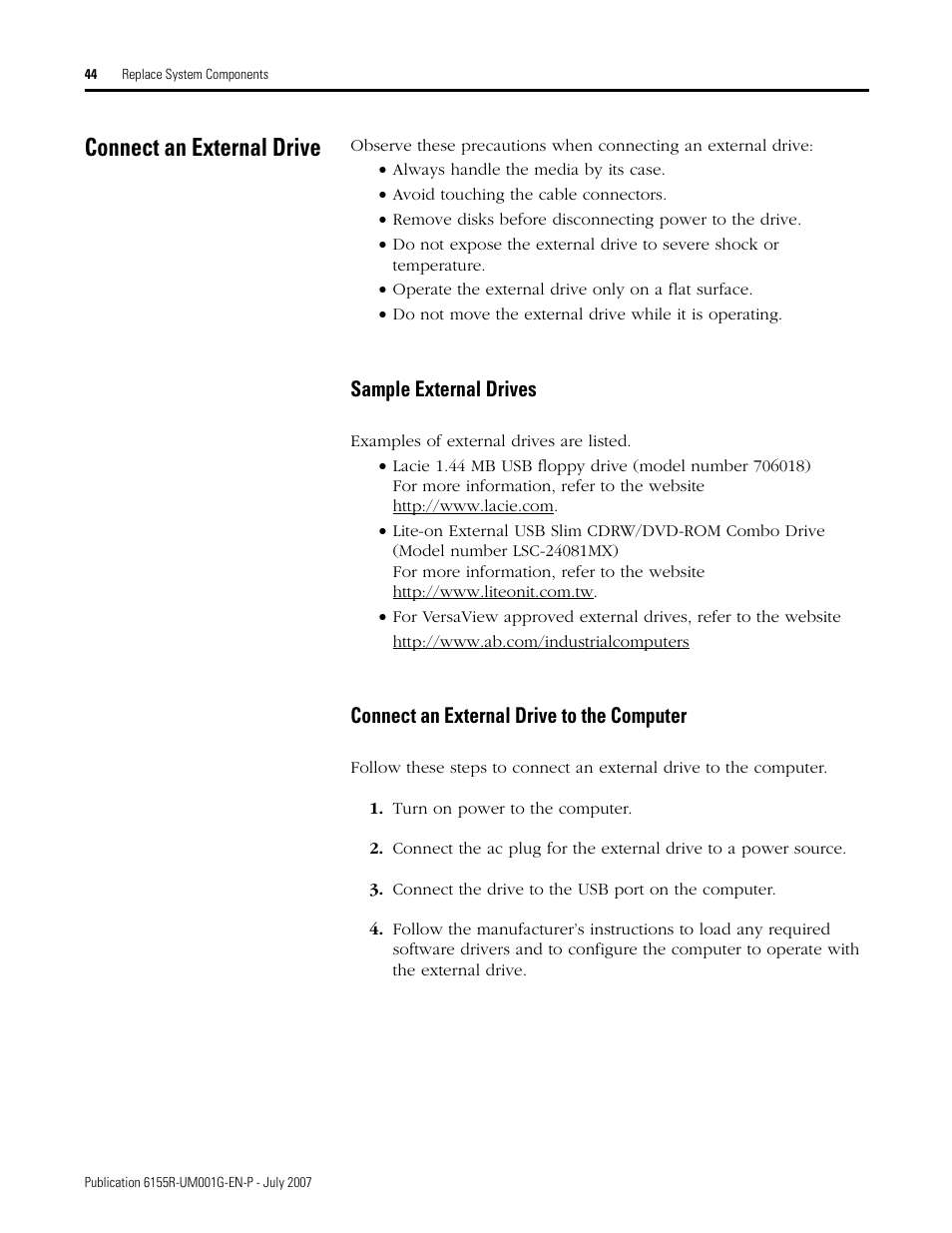Connect an external drive, Sample external drives, Connect an external drive to the computer | Rockwell Automation 6155R Industrial Non-display Computers User Manual | Page 44 / 64