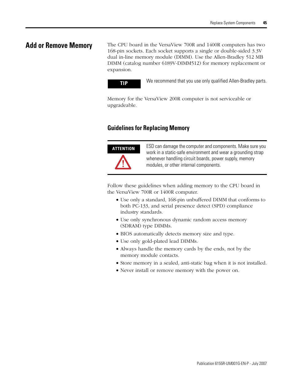 Add or remove memory | Rockwell Automation 6155R Industrial Non-display Computers User Manual | Page 45 / 64