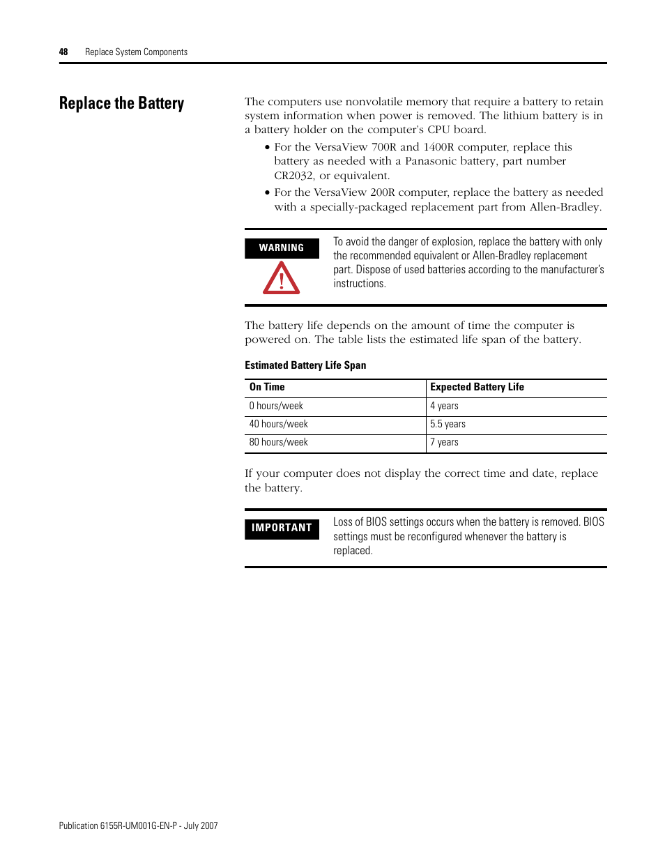 Replace the battery | Rockwell Automation 6155R Industrial Non-display Computers User Manual | Page 48 / 64