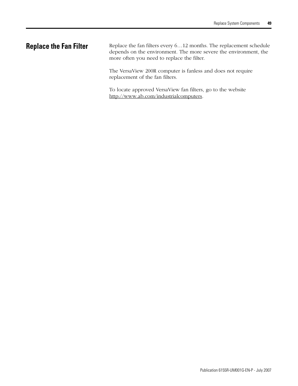 Replace the fan filter | Rockwell Automation 6155R Industrial Non-display Computers User Manual | Page 49 / 64