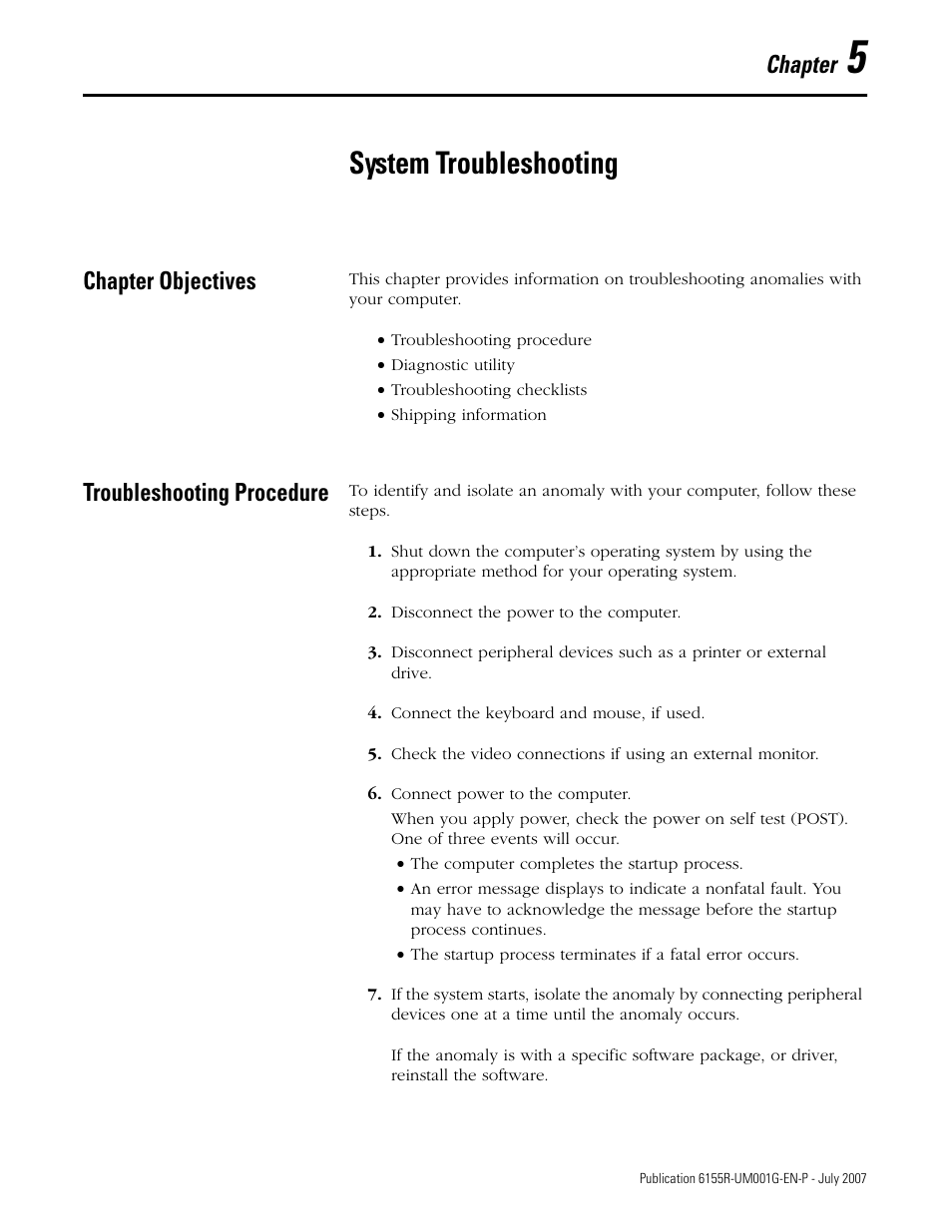 System troubleshooting, Chapter objectives, Troubleshooting procedure | Chapter 5, Chapter objectives troubleshooting procedure, Chapter | Rockwell Automation 6155R Industrial Non-display Computers User Manual | Page 51 / 64