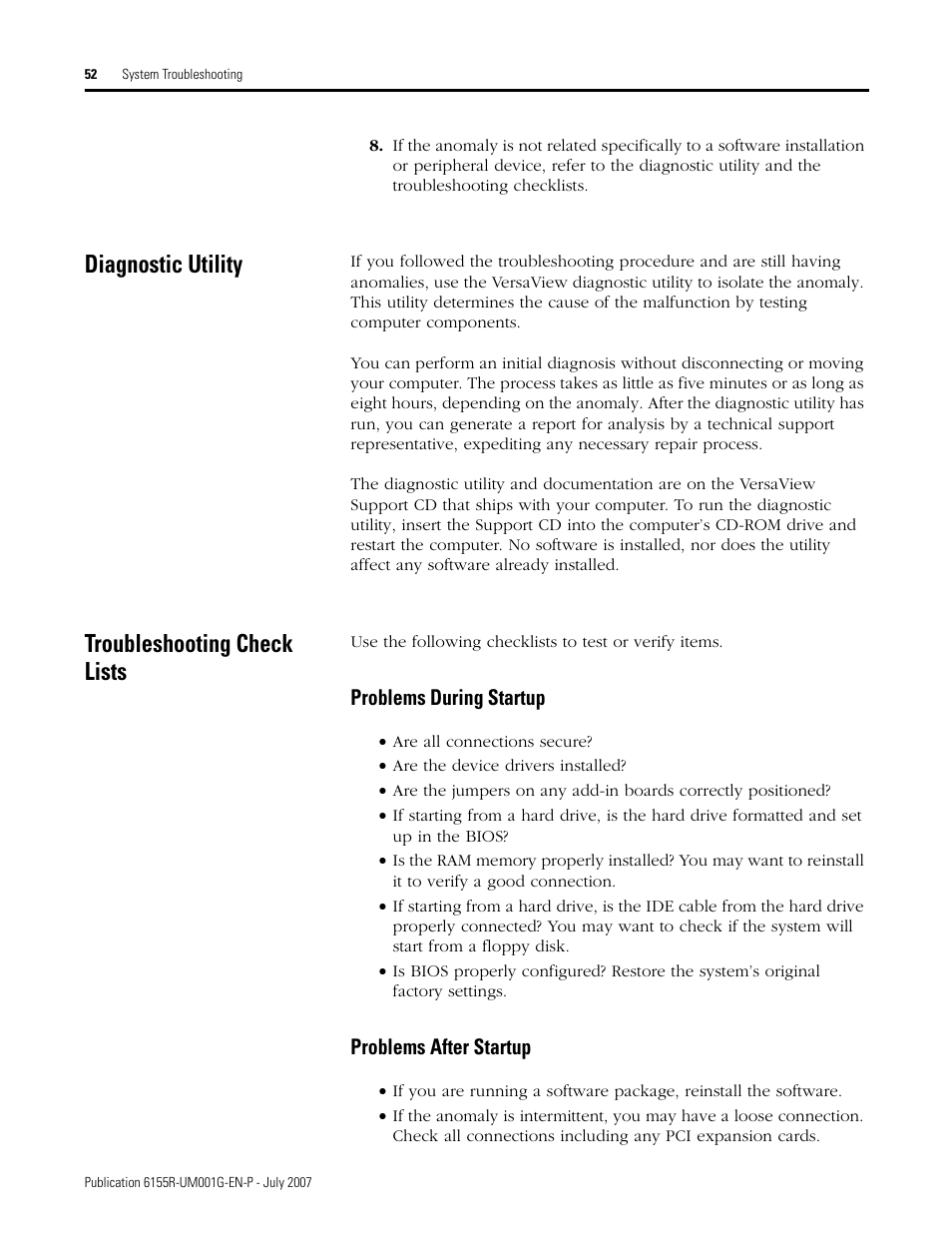 Diagnostic utility, Troubleshooting check lists, Diagnostic utility troubleshooting check lists | Rockwell Automation 6155R Industrial Non-display Computers User Manual | Page 52 / 64