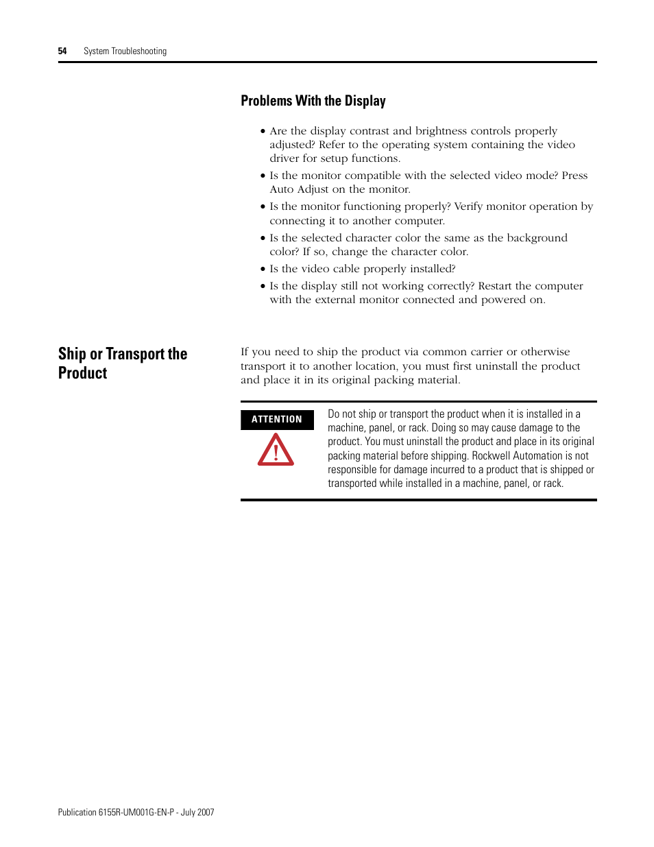 Ship or transport the product, Problems with the display | Rockwell Automation 6155R Industrial Non-display Computers User Manual | Page 54 / 64