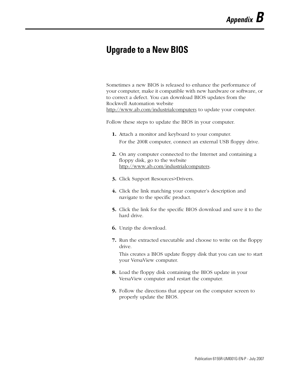 Upgrade to a new bios, Appendix b - upgrade to a new bios, Appendix | Rockwell Automation 6155R Industrial Non-display Computers User Manual | Page 59 / 64