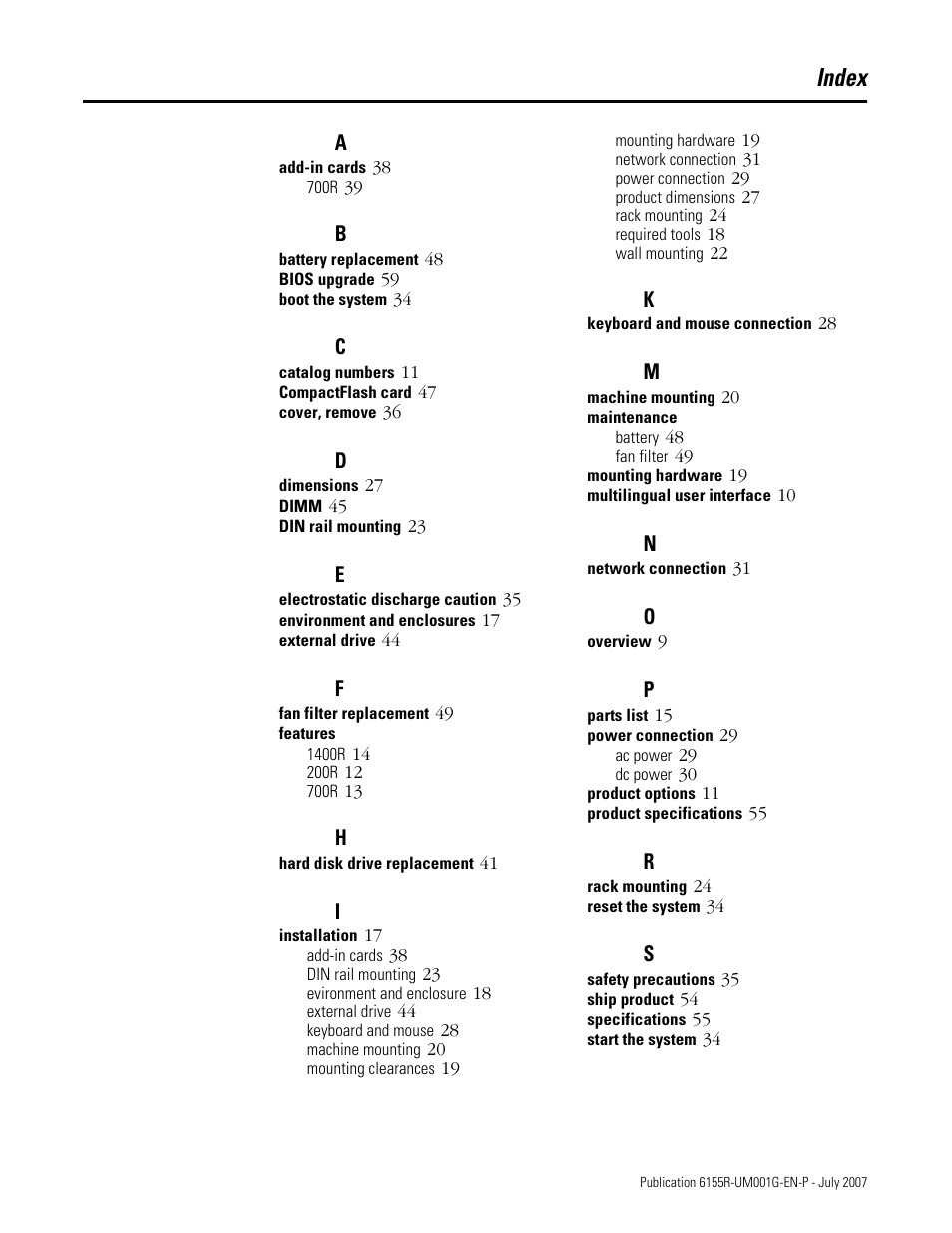 Index | Rockwell Automation 6155R Industrial Non-display Computers User Manual | Page 61 / 64