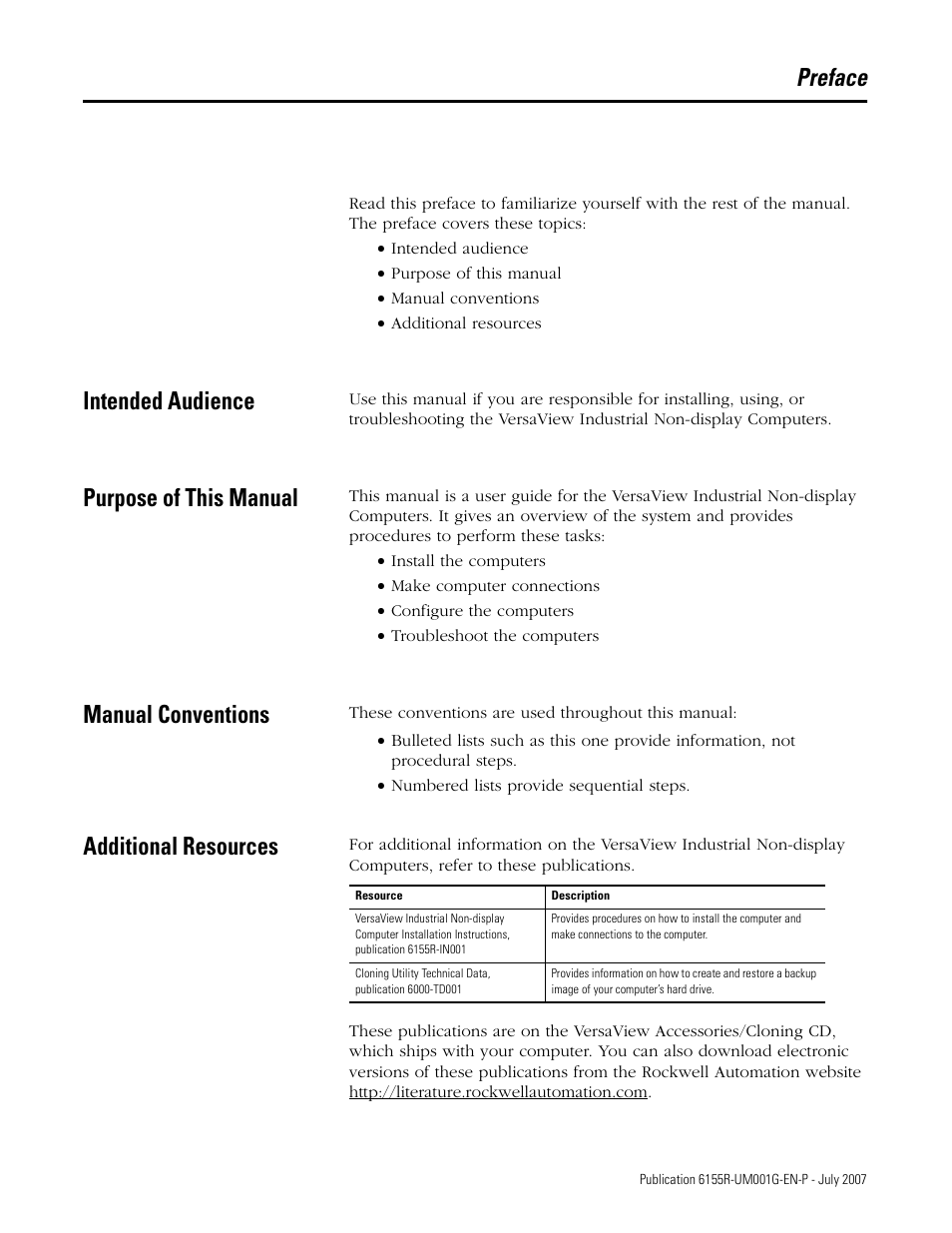 Preface, Intended audience, Purpose of this manual | Manual conventions, Additional resources | Rockwell Automation 6155R Industrial Non-display Computers User Manual | Page 7 / 64