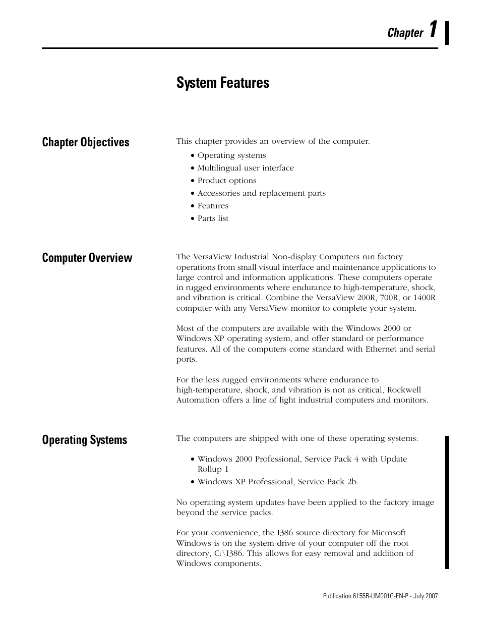 System features, Chapter objectives, Computer overview | Operating systems, Computer overview operating systems, Chapter | Rockwell Automation 6155R Industrial Non-display Computers User Manual | Page 9 / 64