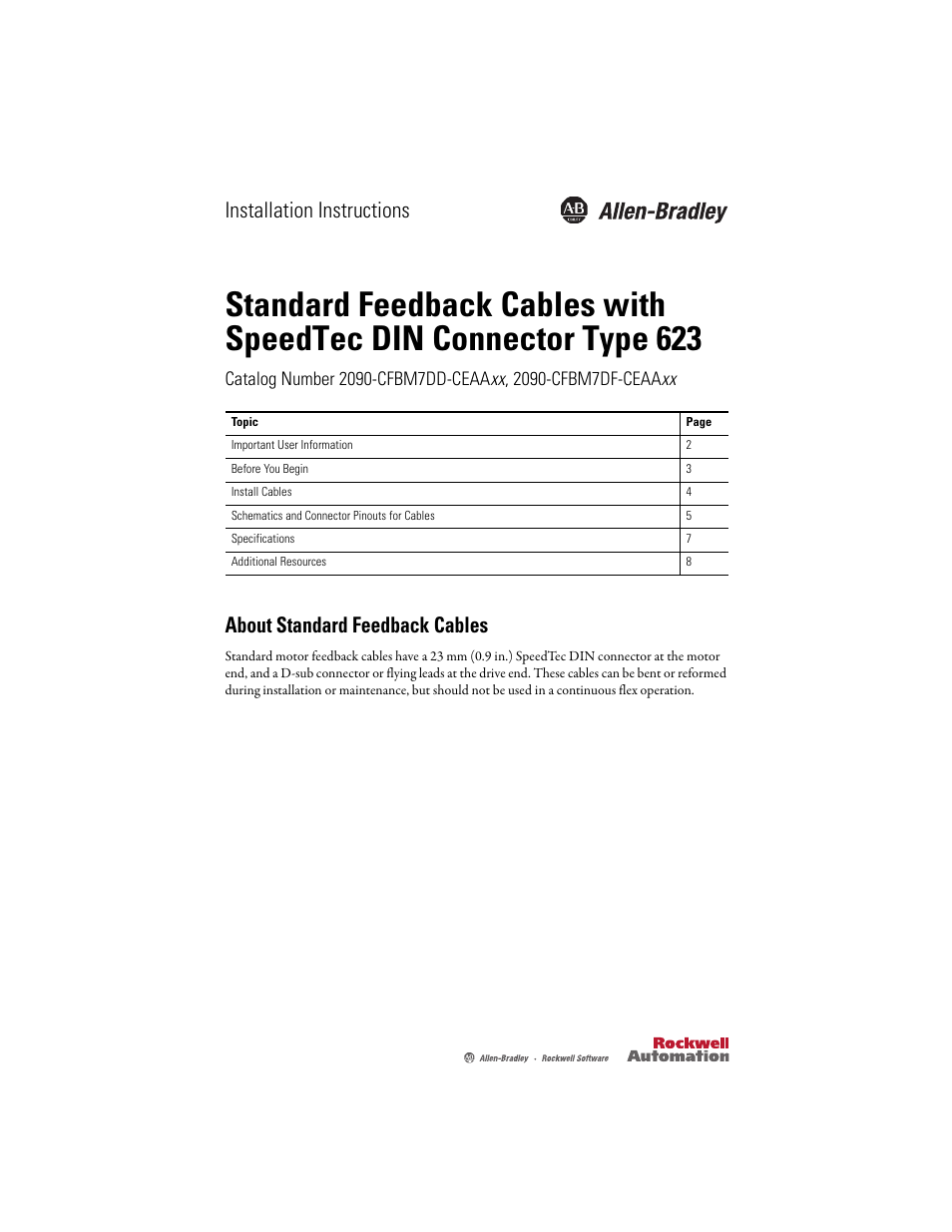 Rockwell Automation 2090-CFxxx Standard Feedback Cables with SpeedTec DIN Connector Type 623 User Manual | 8 pages