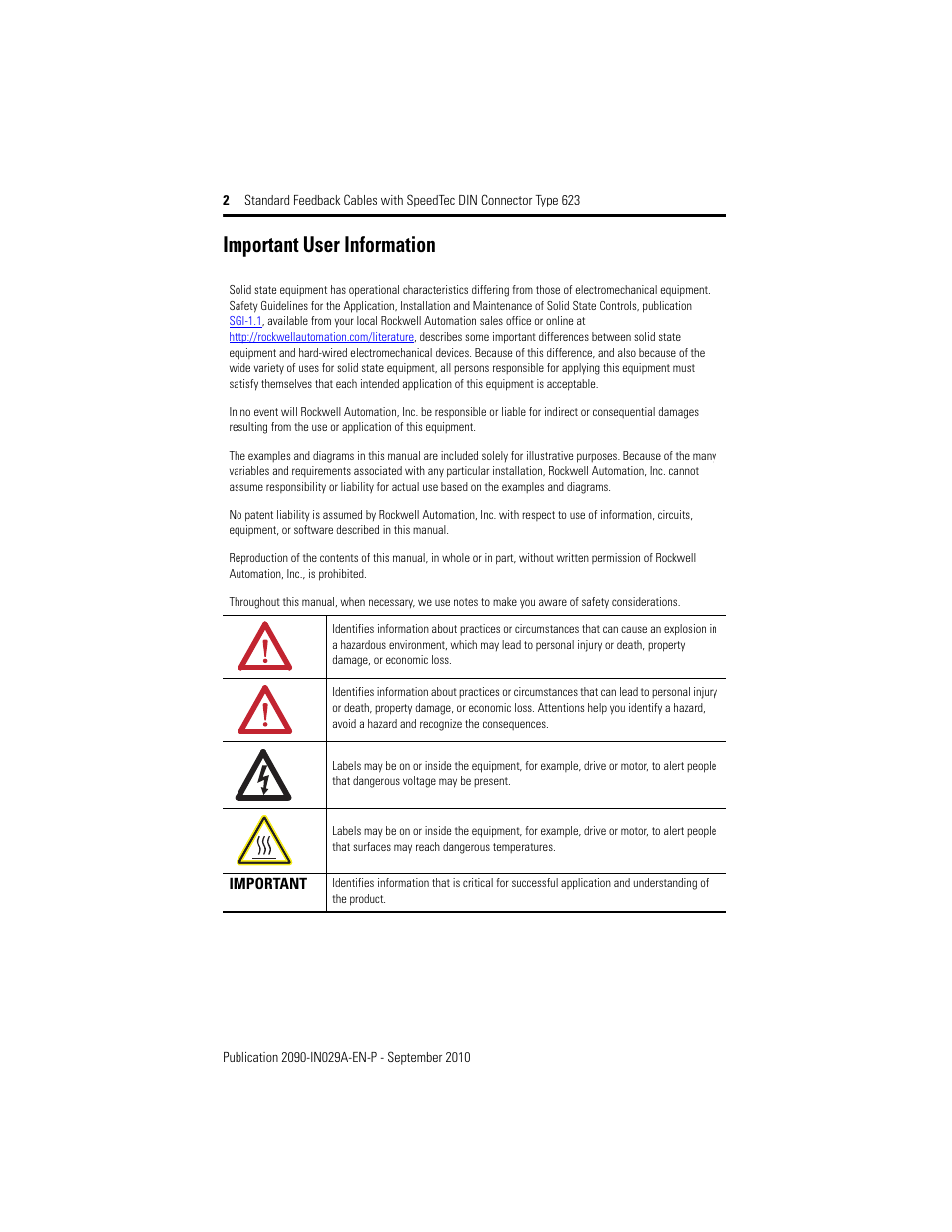 Important user information | Rockwell Automation 2090-CFxxx Standard Feedback Cables with SpeedTec DIN Connector Type 623 User Manual | Page 2 / 8