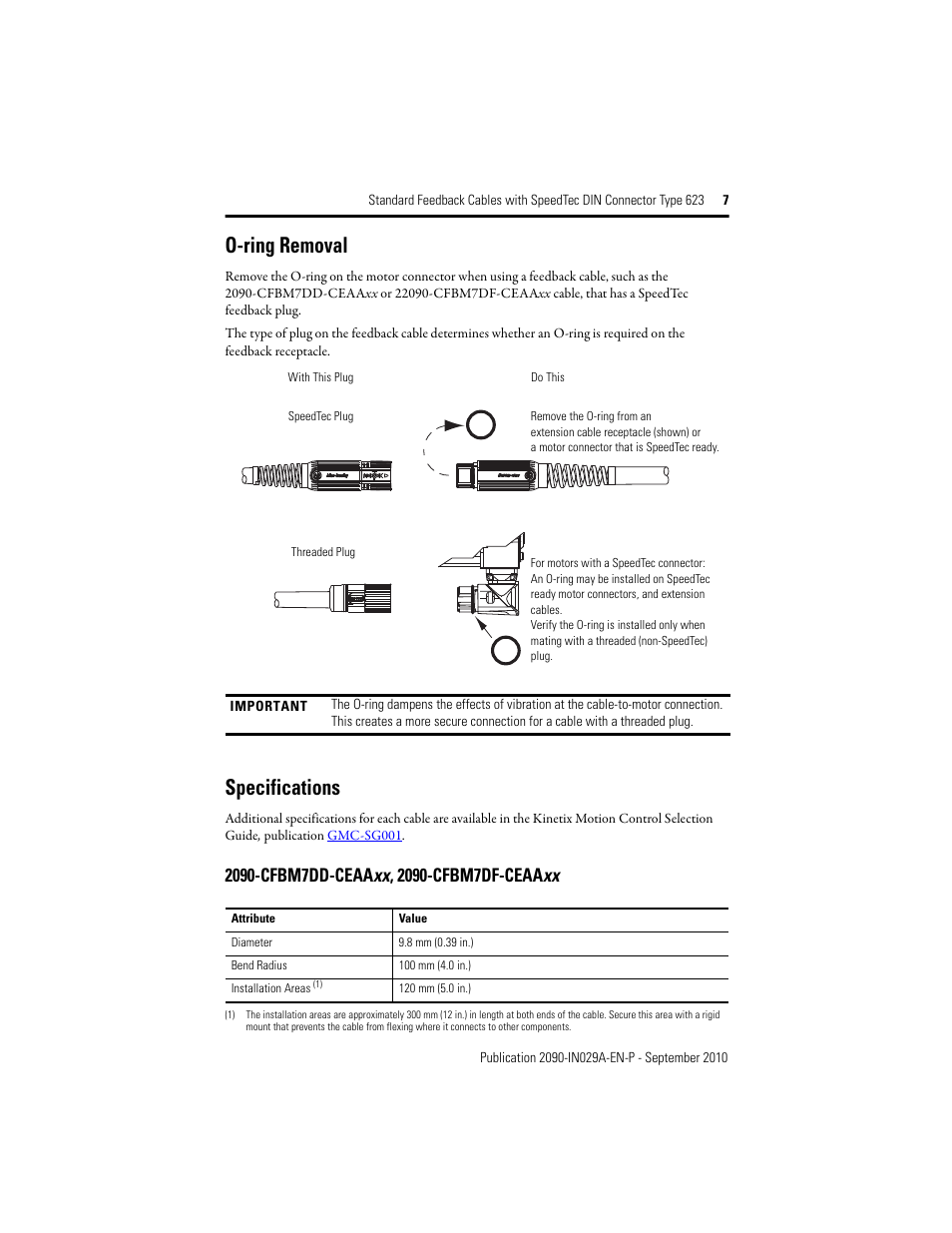 O-ring removal, Specifications, 2090-cfbm7dd-ceaaxx, 2090-cfbm7df-ceaaxx | Specifications 7, R to | Rockwell Automation 2090-CFxxx Standard Feedback Cables with SpeedTec DIN Connector Type 623 User Manual | Page 7 / 8