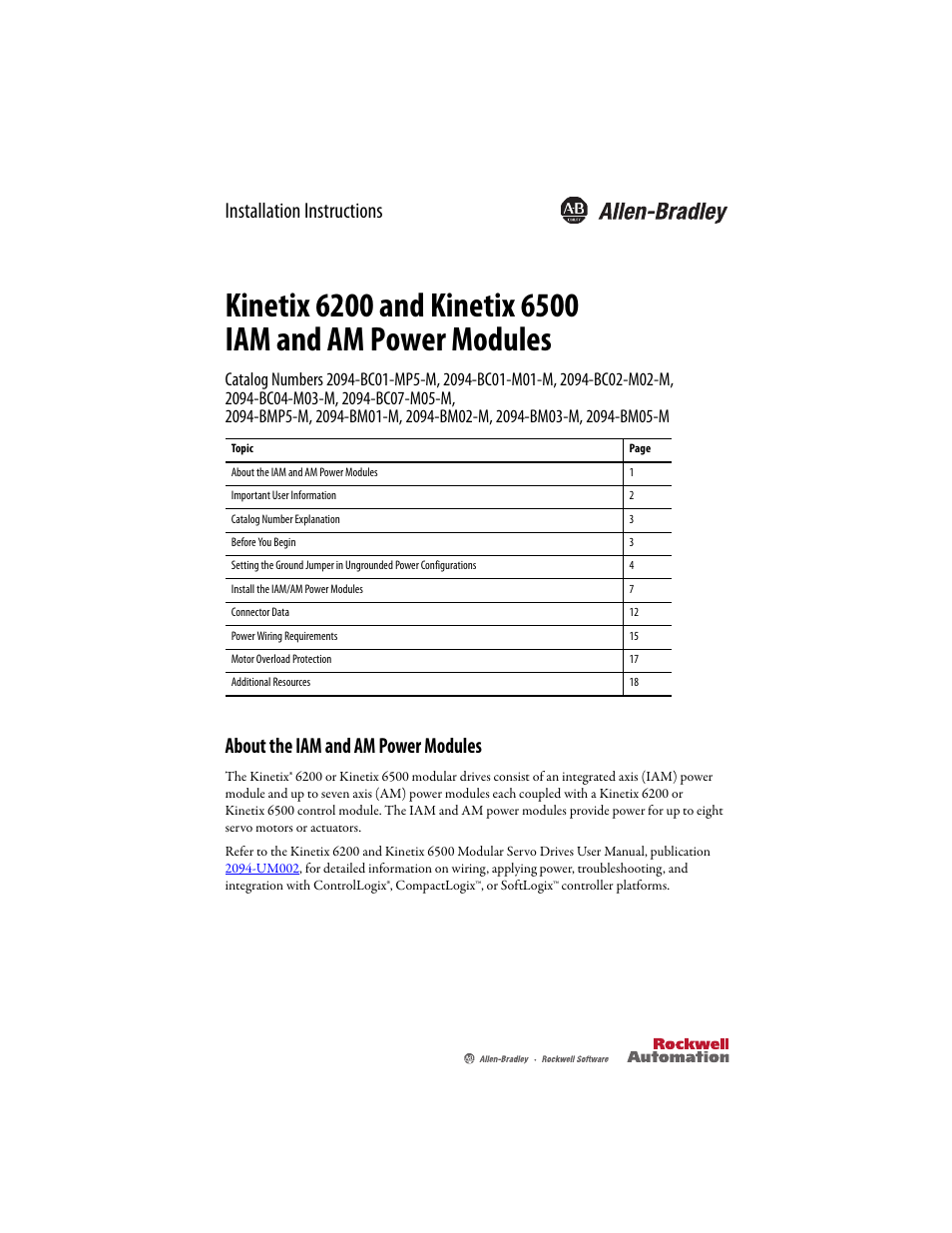 Rockwell Automation 2094-BMxx-M Kinetix 6200 and Kinetix 6500 IAM and AM Power Modules Installation Instructions User Manual | 20 pages