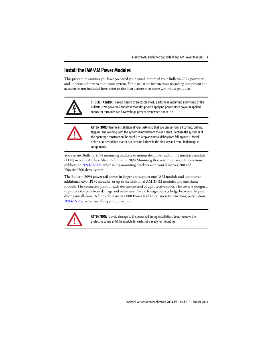 Install the iam/am power modules | Rockwell Automation 2094-BMxx-M Kinetix 6200 and Kinetix 6500 IAM and AM Power Modules Installation Instructions User Manual | Page 7 / 20