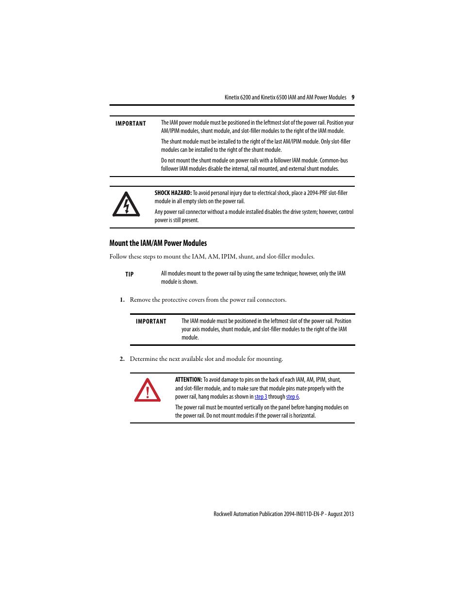 Mount the iam/am power modules | Rockwell Automation 2094-BMxx-M Kinetix 6200 and Kinetix 6500 IAM and AM Power Modules Installation Instructions User Manual | Page 9 / 20