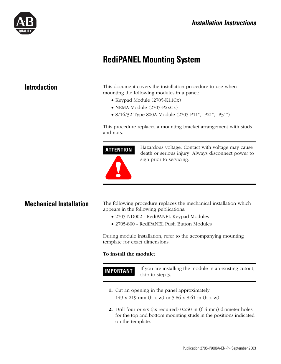 Rockwell Automation 2705 RediPANEL Mounting System User Manual | 2 pages