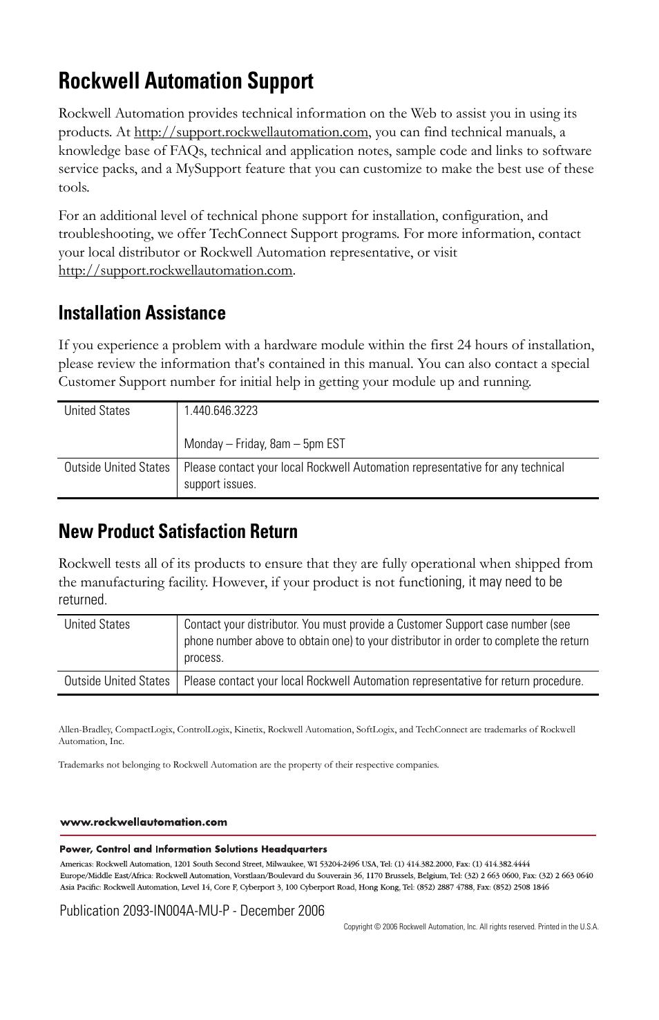 Rockwell automation support, Installation assistance, New product satisfaction return | Rockwell Automation 2093-PRSxx Kinetix 2000 Power Rail Installation Instructions User Manual | Page 10 / 76