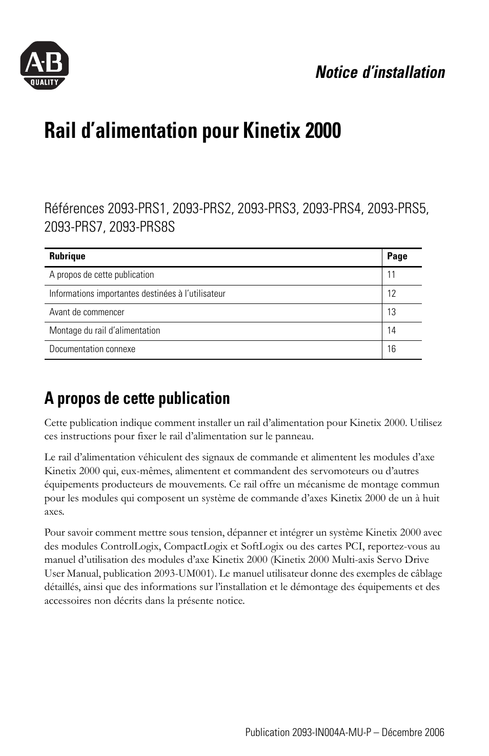 Français, Rail d’alimentation pour kinetix 2000, Notice d’installation | A propos de cette publication | Rockwell Automation 2093-PRSxx Kinetix 2000 Power Rail Installation Instructions User Manual | Page 11 / 76