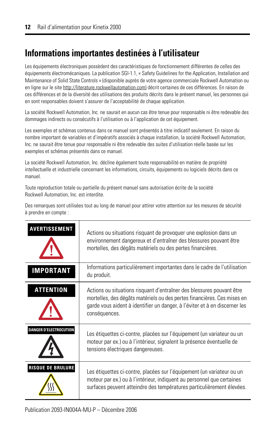 Informations importantes destinées à l’utilisateur | Rockwell Automation 2093-PRSxx Kinetix 2000 Power Rail Installation Instructions User Manual | Page 12 / 76