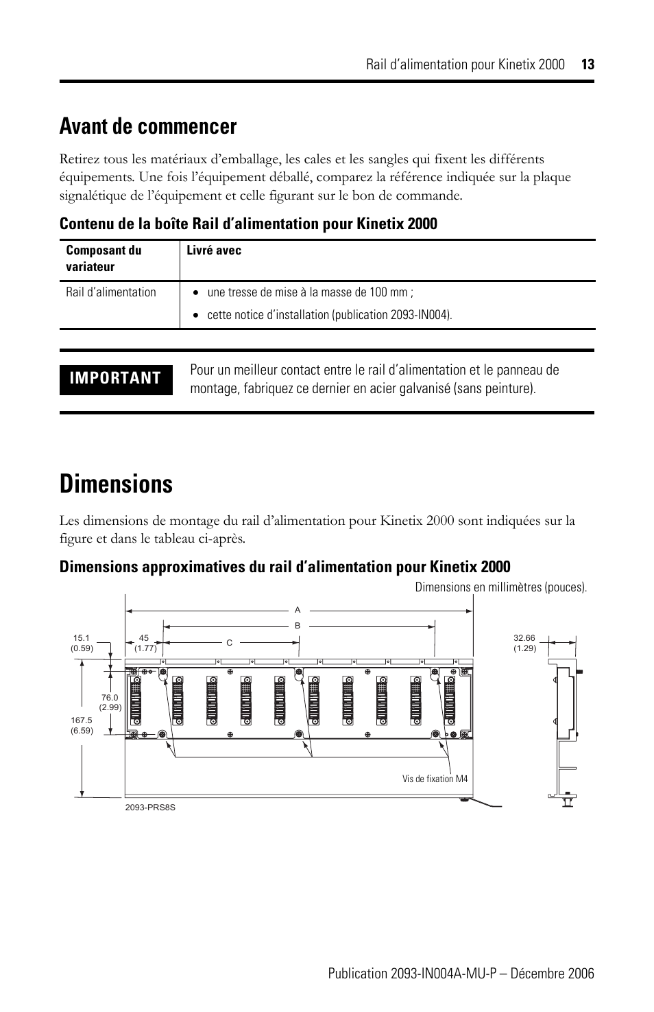 Dimensions, Avant de commencer, Important | Rockwell Automation 2093-PRSxx Kinetix 2000 Power Rail Installation Instructions User Manual | Page 13 / 76