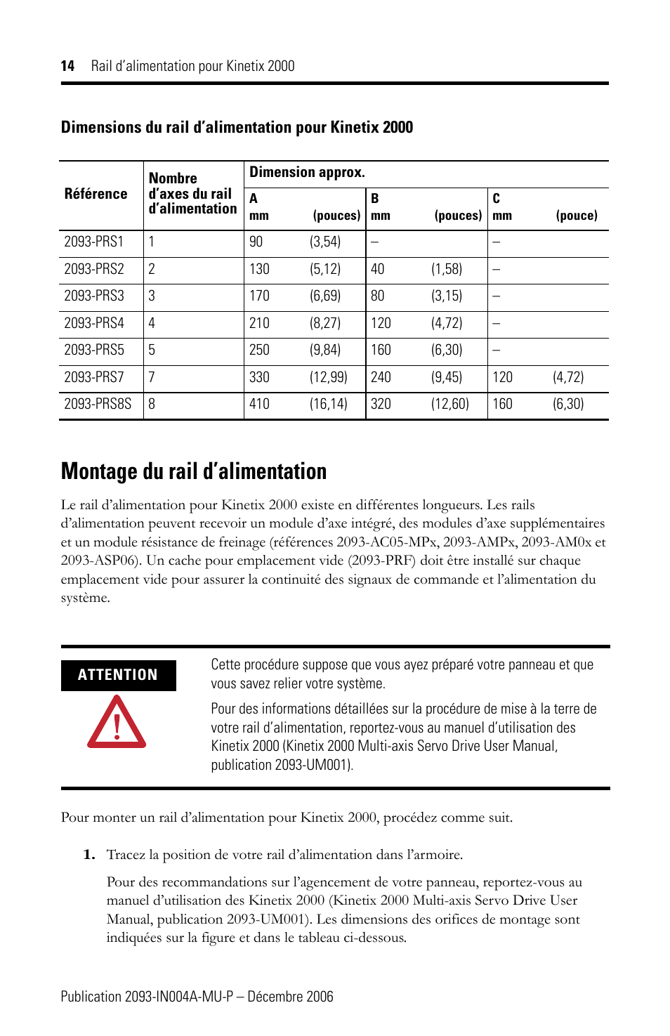 Montage du rail d’alimentation | Rockwell Automation 2093-PRSxx Kinetix 2000 Power Rail Installation Instructions User Manual | Page 14 / 76