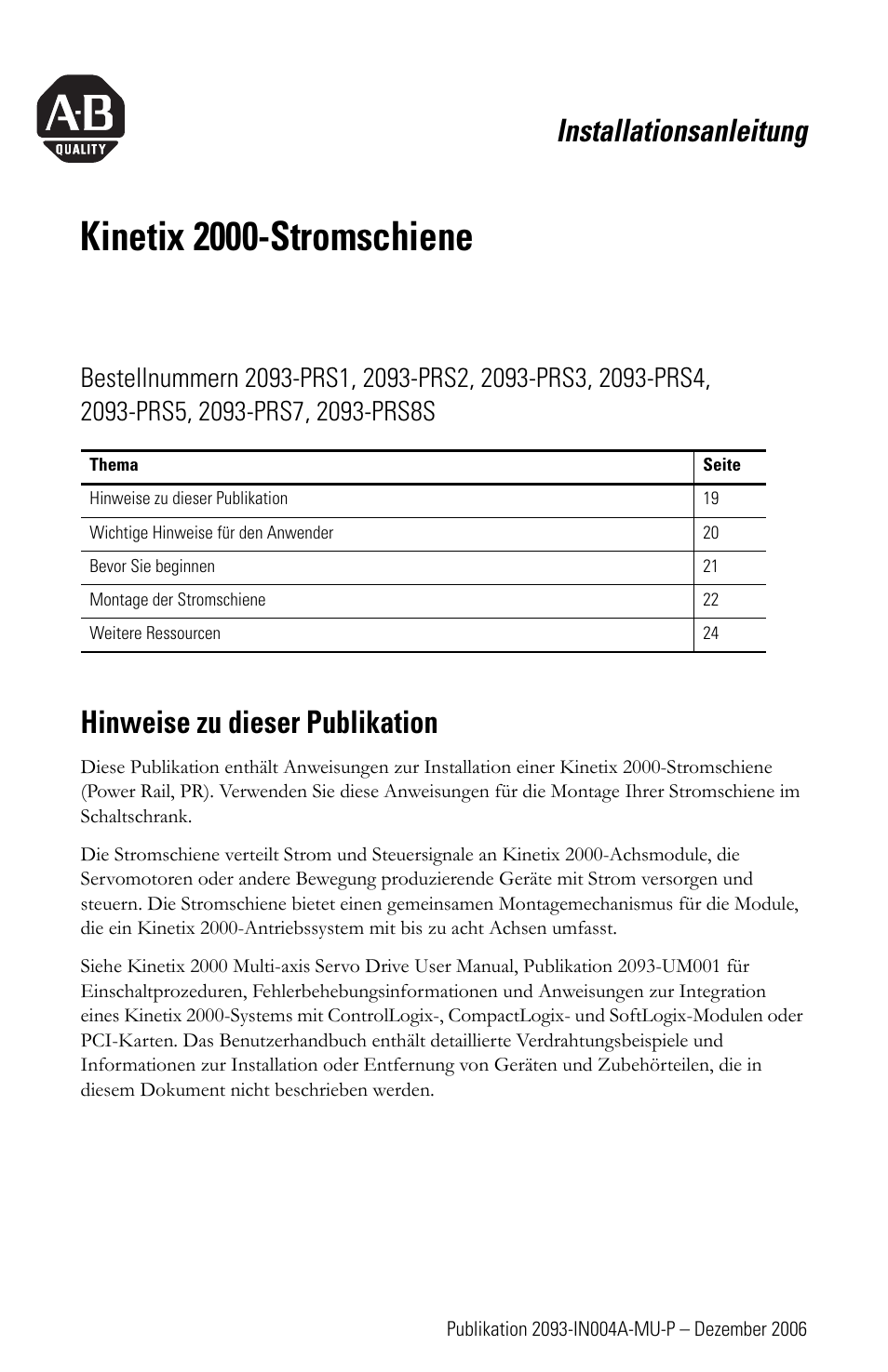 Kinetix 2000-stromschiene, installationsanleitung, Deutscher abschnitt, Kinetix 2000-stromschiene | Installationsanleitung, Hinweise zu dieser publikation | Rockwell Automation 2093-PRSxx Kinetix 2000 Power Rail Installation Instructions User Manual | Page 19 / 76