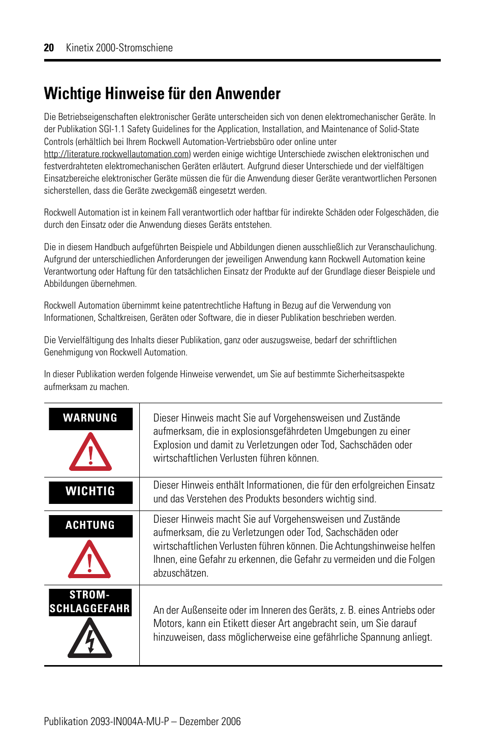 Wichtige hinweise für den anwender | Rockwell Automation 2093-PRSxx Kinetix 2000 Power Rail Installation Instructions User Manual | Page 20 / 76